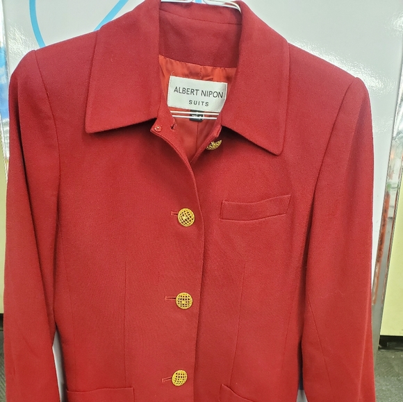 * Albert Nipon Red Wool Dress Blazer ? Size 10 gold buttons Trim front Jacket - Picture 6 of 7